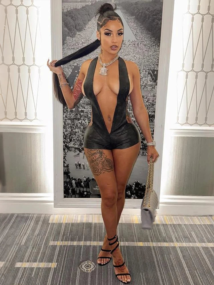 Backless Playsuit Woman Faux Leather Halter Deep V-Neck Side Hollow Design Lace-Up Hottie Wild StyleSexy Fashion  Rompers