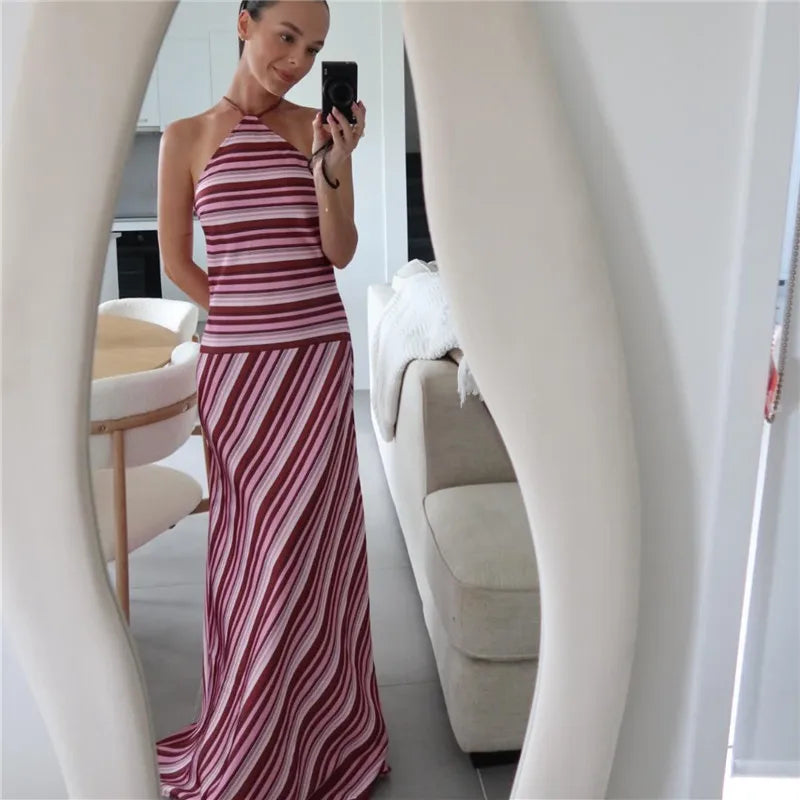 Elegant Y2K Striped Halter Neck Maxi Dress Summer Backless Tie-Up Cross Strap Sleeveless A-Line Sundress for Women