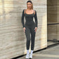 Fitness Black Jumpsuit Long Sleeve Backless Sexy Bodycon Jump Suit Women Two Piece Outfits
