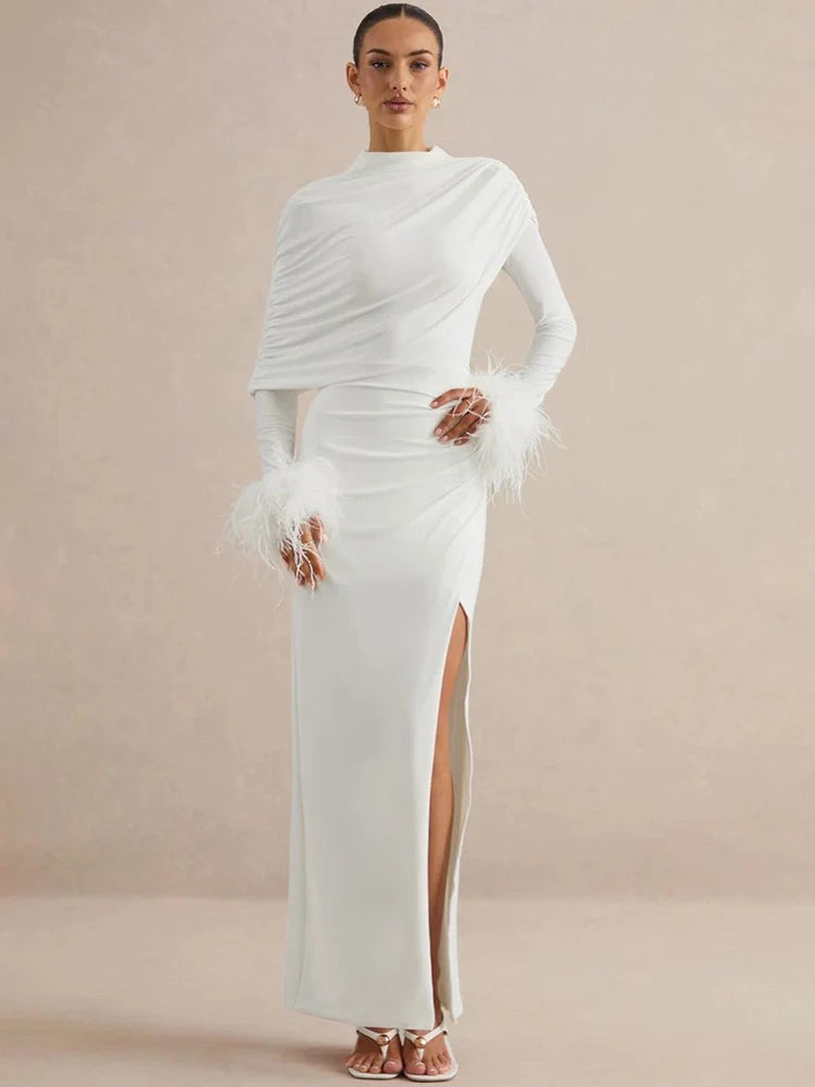 Women High Neck Long Sleeve Maxi Dress Draped Ruched Feather Cuff Formal Gown High Slit Evening Party Bodycon Dress
