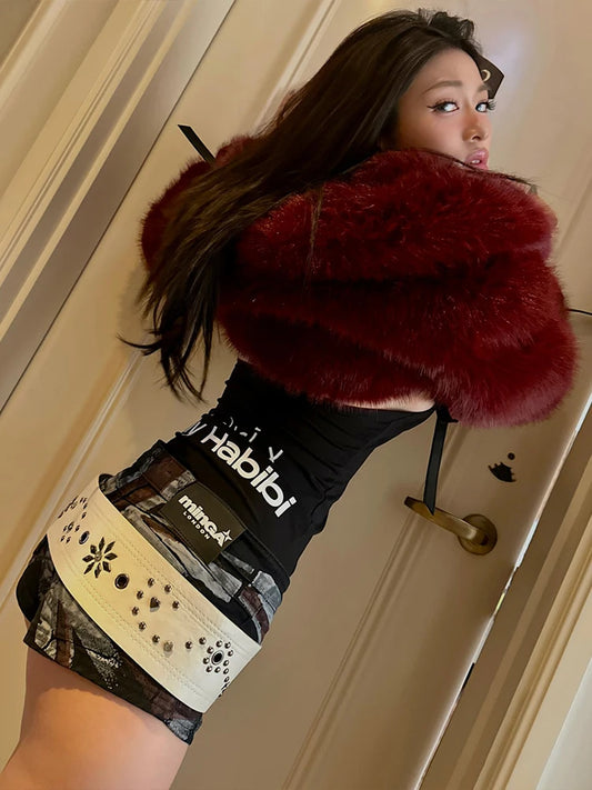 Coquette Hipster Furs Crop Coat Women Luxury Warm Winter Full Sleeve Chic Wild Party Streetwear Fashion Basic Outwear