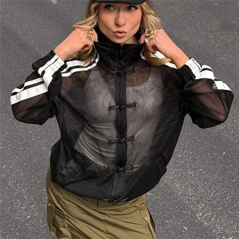 Y2K Sheer Mesh Jacket Stand Collar Zip Up Chinese Frog Buttons Side Striped Long Sleeve Loose Street Casual Outerwear