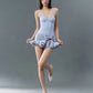 Patchwork Dress Women Bow Decoration v-Neck Ruffles Sleeveless Skinny High Elasticity Sweet Fashion Mini Bodycon