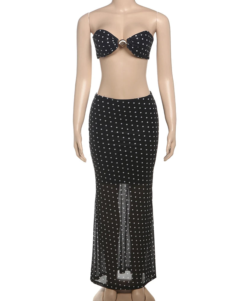 Speckled Print 2 Piece Set Sexy Women Seashell Knot Tank Top+See Through Long Skirts Matching Midnight Clubwear Suits