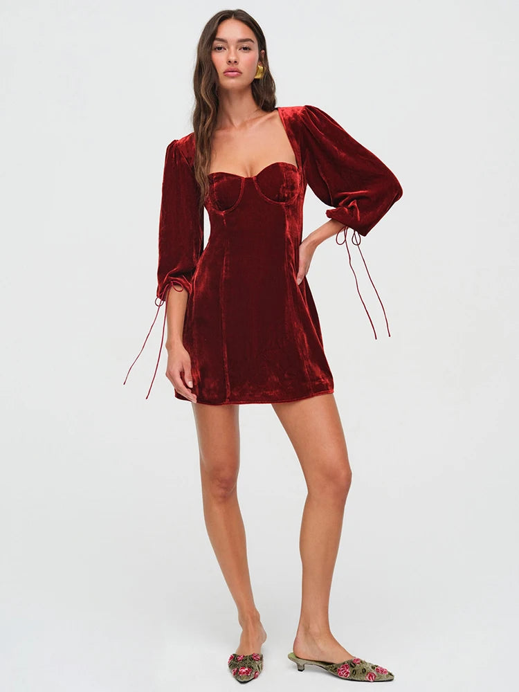 Velvet Backless Sexy Mini Dress For Women Elegant Autumn Winter New Square Collar Half Sleeve Bodycon Club Party Dress