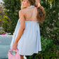 Women Summer Halter Neck Babydoll Tops+Elastic Waist Shorts 2 Piece Casual Set Sleeveless Backless Ruffled Hem Beachwear