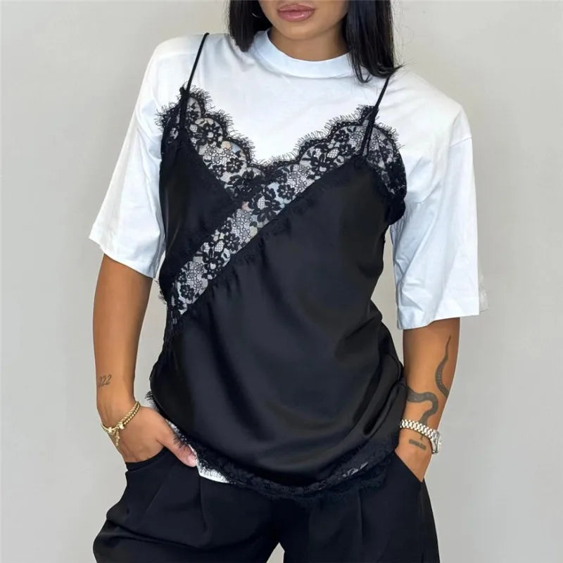 Women Lace Silk Satin Tank Tops Y2k Fairy V Neck Camisole Sleeveless Spaghetti Strap Summer Going Out Tops Streetwear