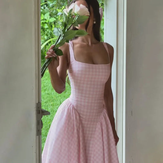 Square Neck Sleeveless Backless A-line Long Dresses Princess Style Pink Plaid Dress Summer Elegant