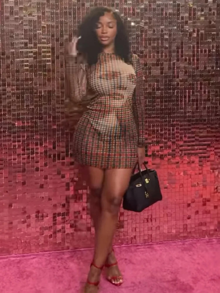 Mosaic Dress Woman Face Print o-Neck Full Sleeve Skinny Stretch Midnight Club Party Hipster Autumn Trend Slim Bodycon