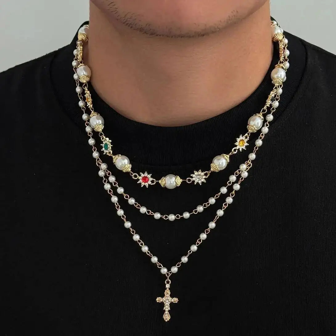 2Pcs/Set Boho Exquisite Imitation Pearl Acrylic Rhinestone Choker Necklace Trend Gold Color Cross Pendant Necklace Jewelry