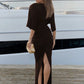 Deep V Neck Short Sleeve Sexy Maxi Dress Women Elegant Autumn Winter New Back Split Ruched Club Party Long Dress Female