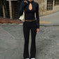 Black Two Piece Set Keyhole Cutout Long Sleeve Crop Top and High Waist Flare Pants Elegant Fall Outfits Woman