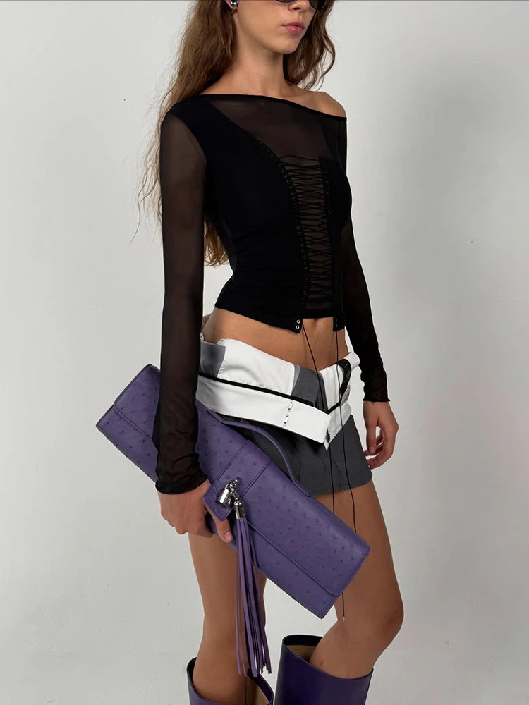 Shirring Slash Neck T-Shirt Women Autumn Mesh Patchwork Full Sleeve Sexy Simple Fashion Skinny Party Street Crop Tees