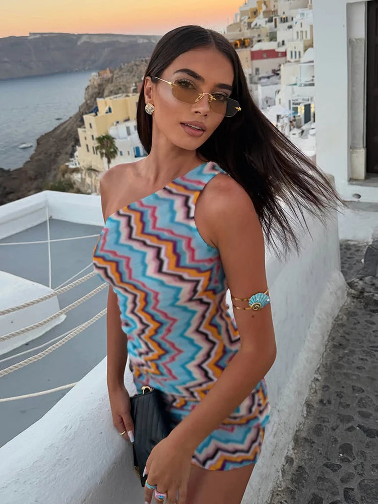 Zigzag Stripe Print Mini Dress Woman Summer Trend Skew Collar Backless Sleeveless High Street Sexy Fashion Bodycon