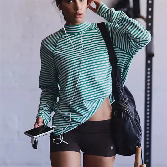Y2K Women Mock Neck Striped Long Sleeve Top Raglan Oversized T Shirt Casual Outdoor Workout Sportswear with Side Slit