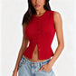 Women Slim Waist Ribbed Knit Vest Sleeveless Crew Neck Single Breasted Pocket Crop Cardigan Solid Color Y2K Streetwear