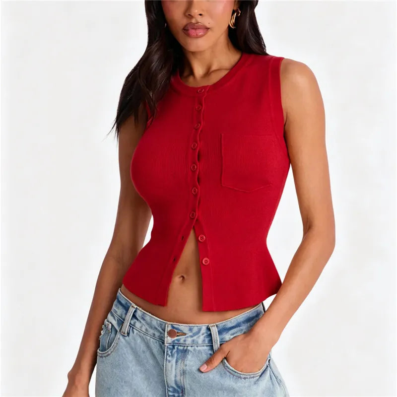 Women Slim Waist Ribbed Knit Vest Sleeveless Crew Neck Single Breasted Pocket Crop Cardigan Solid Color Y2K Streetwear