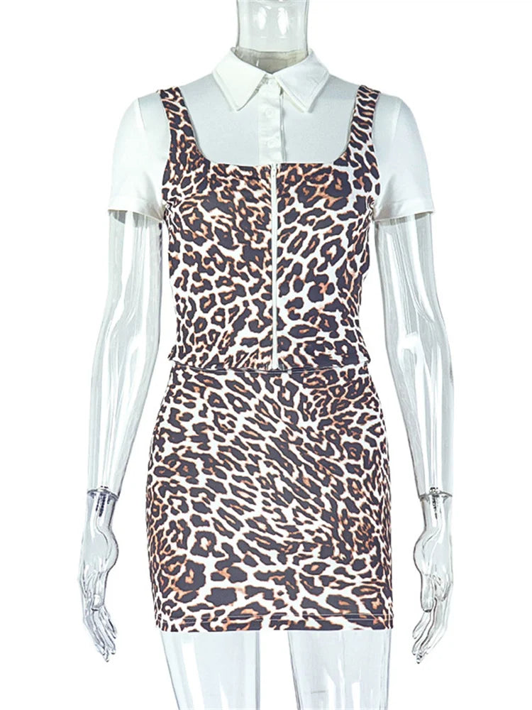 Leopard Print 2 Piece Set Women Polo-Neck Zip Patchwork Tops+Skinny Peach Hip Mini Skirts Hottie Hipster Classic Suit