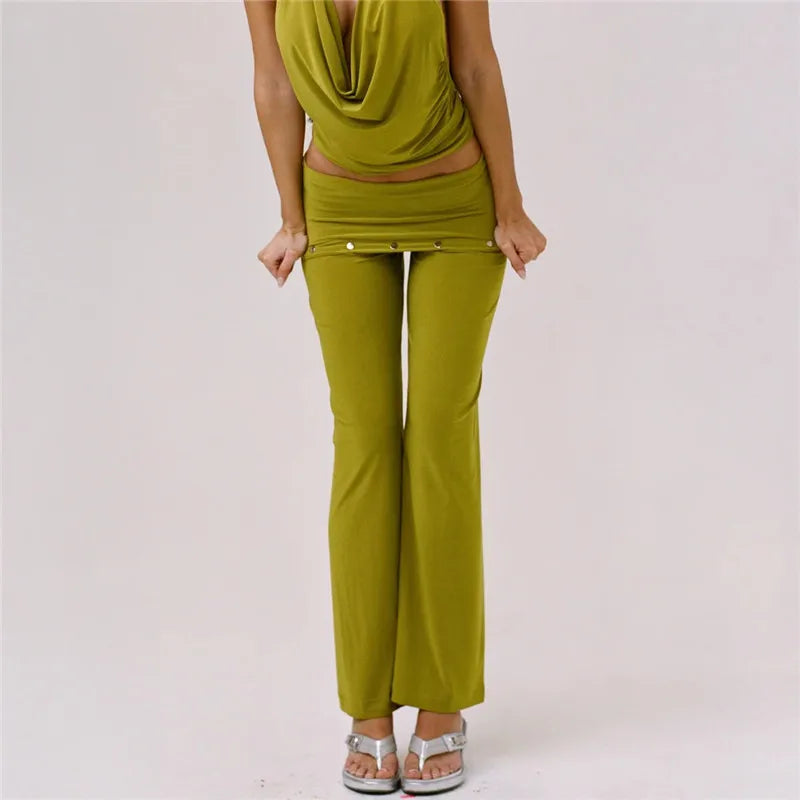 Y2K Low Rise Bootcut Pants Women Fold Over Waistband Metal Rivet Detail Soft Knit Wide Leg Casual Trousers Streetwear