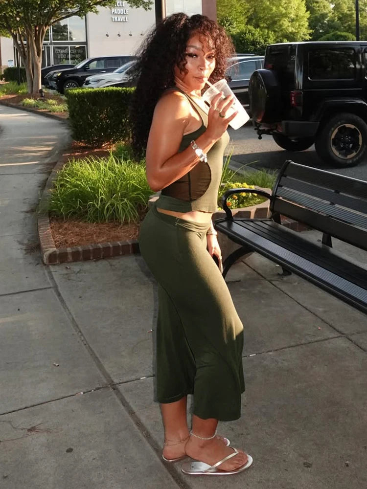 Leisure 2-Piece Set Women Patchwork Mesh u-Neck Vest+Flared Pant Legs Short Classic Simple Summer Fashion Streetwear