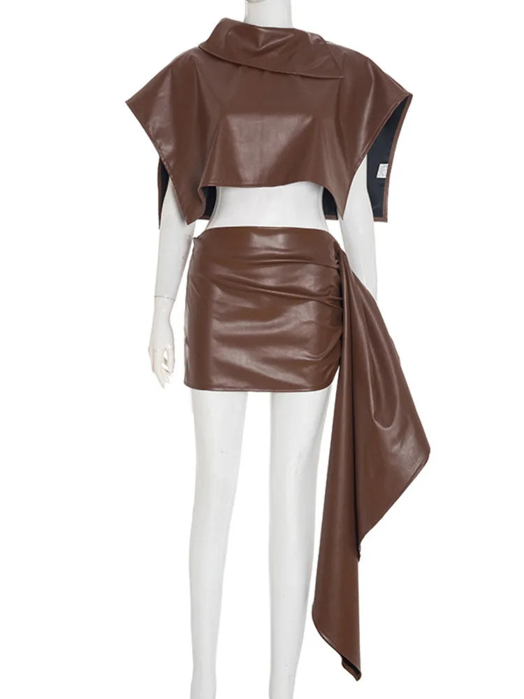 Irregular PU Leather Skirt Two Piece Set Women Sleeveless Short Top And Mini Skirt Matching Sets Elegant Sexy Dress Set