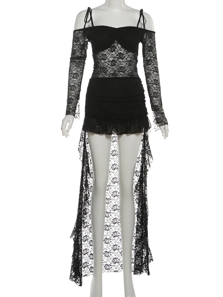 Irregular Hem Dress Women Slash Neck Sexy See Through Bandages Jacquard Lace Full Sleeve Ruched Ruffled Party Bodycon