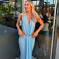 Blue Mesh See-through 2 Pieces Set for Woman Open Back Halter Top and Long Skirt Elegant Summer Outfit