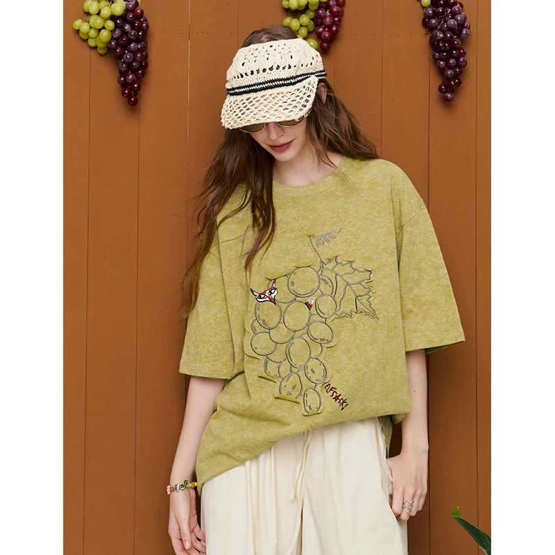 Vintage Washed Grape Print T-Shirt Women Summer Loose Mid-Length Casual Top Design Graphic Tee
