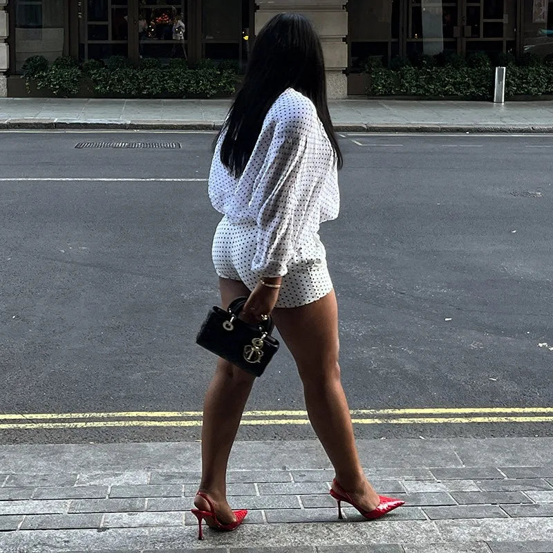 2 Piece Set White Chiffon Polka Dot Oversized Blouse and Shorts Co-ord Sets Elegant 2026 Fall Outfits Woman
