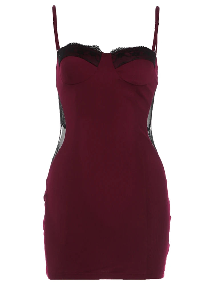 Patchwork Lace Dress Women Low-Neck Sleeveless Skinny Elasticity Sexy Midnight Hottie Dinner Party Summer Bodycon
