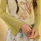 Women's Vintage Raglan Long Sleeve Knitwear with Floral Print, Contrast Trim Tee, Chic Slim Fit Casual Top