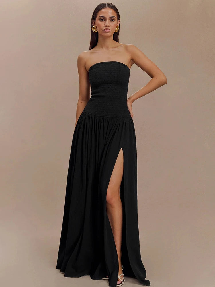 Off-shoulder Strapless Sexy Maxi Dress Women Elegant Sleeveless Backless Thigh High Split Pleated Club Party Long Dress