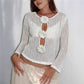 3D Floral Crochet Mesh Top Women Hollow See Through Flare Sleeve Keyhole Rose Button Cropped Knit Blouse Travel Dating
