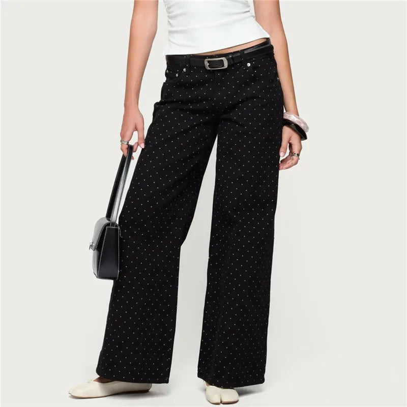 Y2K Polka Dot Jeans Women Vintage Stretch Wide Leg Denim Pants Casual Distressed Baggy Boyfriend Jeans with Pockets