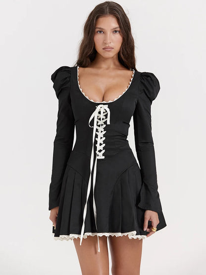 Lace Bandage Puff Sleeve Mini Dress For Women 2023 Autumn Winter New Square Collar Ruched Dress Vintage Elegant
