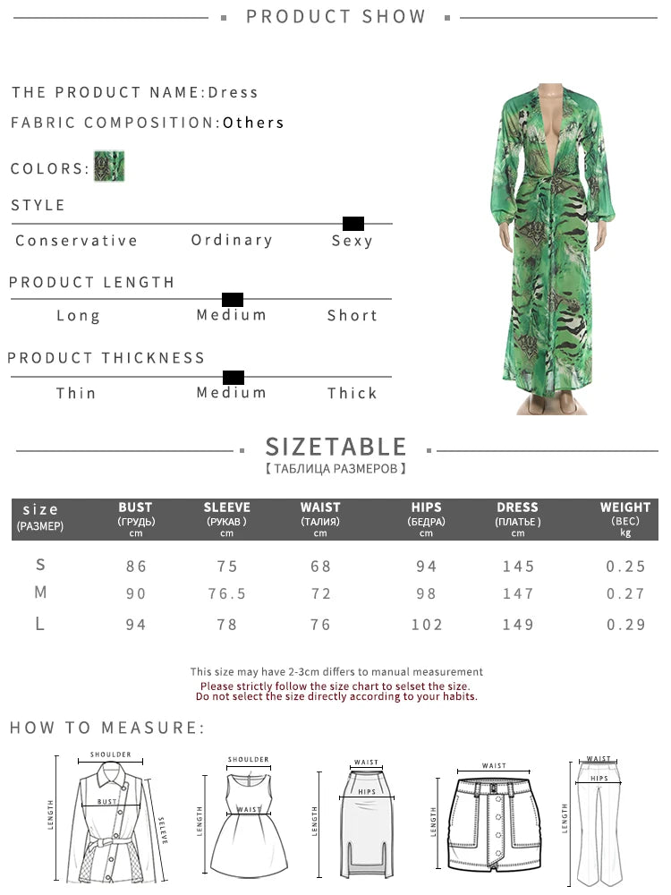 Tiger Stripe Print Long Dress Woman Autumn Trend Deep V-Neck Backless Lantern Sleeve Beach Party Elegant Vestidos