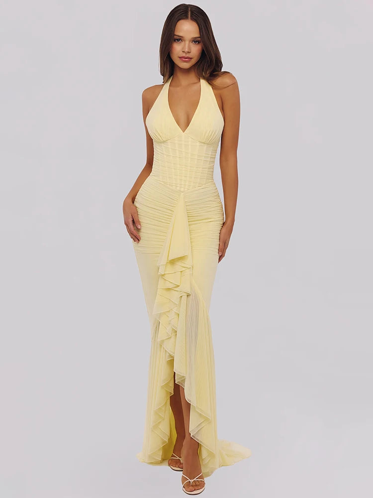 Mesh Deep V Neck Backless Sexy Maxi Dress Women Elegant Halter Off-shoulder Sleeveless Ruffled Club Party Long Dress