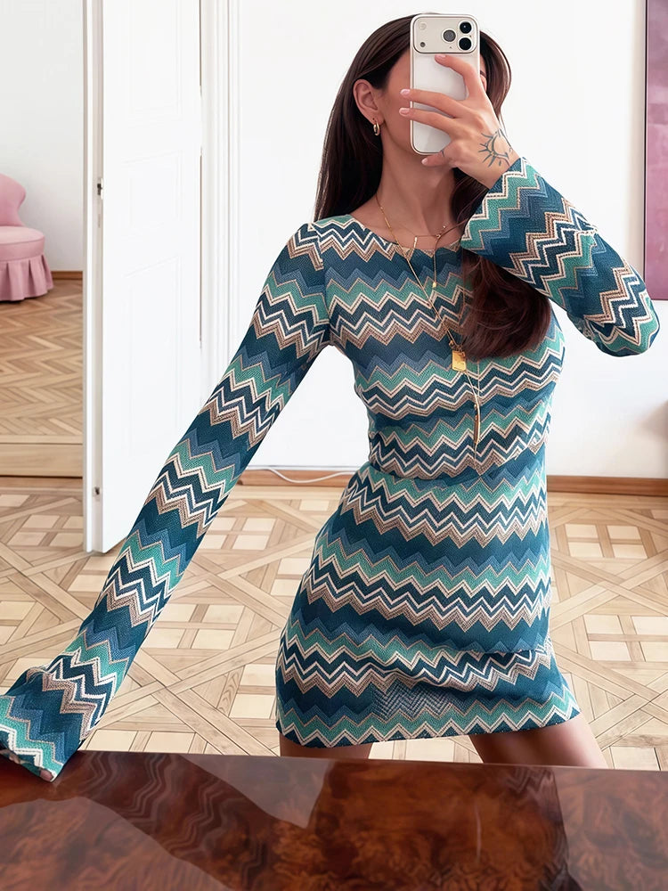 Colorful Print Dress Women o-Neck Full Sleeve Skinny Autumn New Trend Elasticity High Street Classic Mini Bodycon
