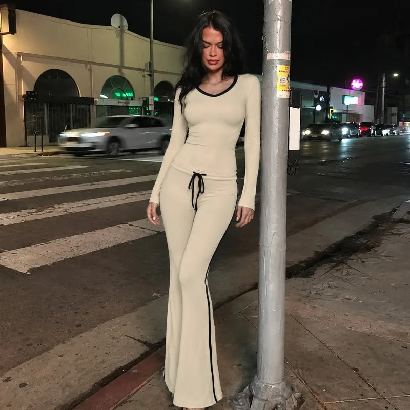 2 Piece Set Black Side Strip Long Sleeve Top and Flare Pants Sports Casual Fall Outfits Woman Loungewear Sets