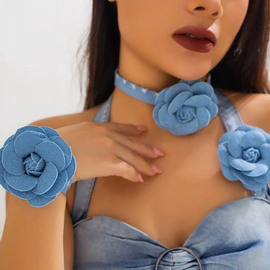 Exaggerated Romantic Blue Denim Big Rose Flower Clavicle Chain Necklace Bracelet for Women Elegant Short Choker Y2K Jewelry Set