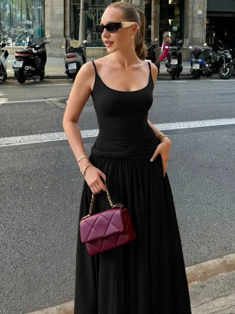 Twisted Spaghetti Strap Backless Long Dresses Summer Outfit Woman French Style Elegant Black Dress