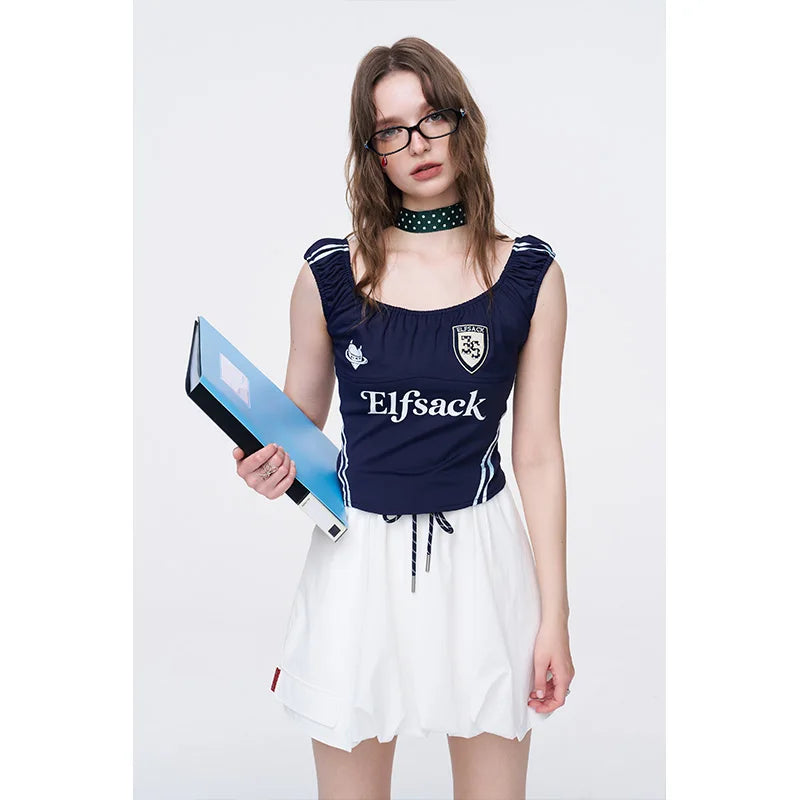 Sporty Knit Fitted Tank Top, Ruched Shoulder Colorblock Trim Crop Top, Punk Streetwear Embroidered Camisole for Women