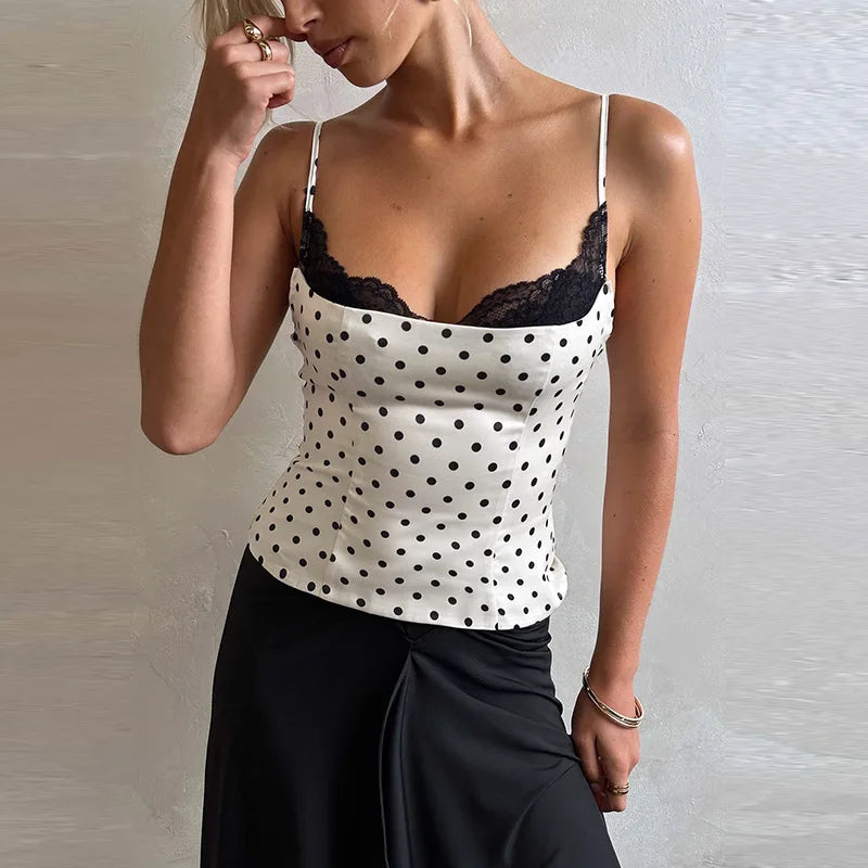 White Polka Dot Corset Top with Black Lace Trim 2026 Summer Clothes for Women Sexy Tanks Camis