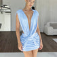 Women Backless Deep V Twist Knot Bodycon Mini Dress Sleeveless Ruched Waist Cutout Slim Party Vacation Tight Dress