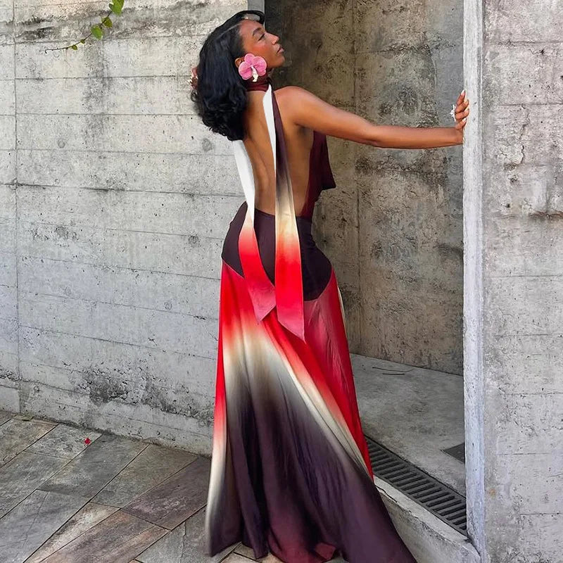Gradient Printed Cowl Neck Backless Long Flowy Dresses for Summer 2025 Elegant Vacation Outfits Woman