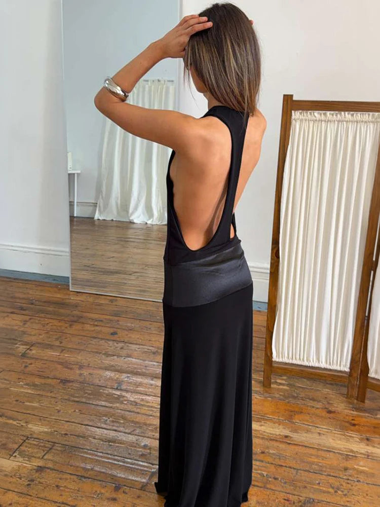 Silky Stain Patchwork Gown Dress Woman Summer Trend Low-Neck Backless Sleeveless Evening Party Elegant Long Bodycon