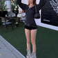 Fashion 2-Piece Set Women v-Neck Full Sleeve Folds Skinny t-Shirt+Elastic Waist Asymmetrical Hem Short Hottie Suit