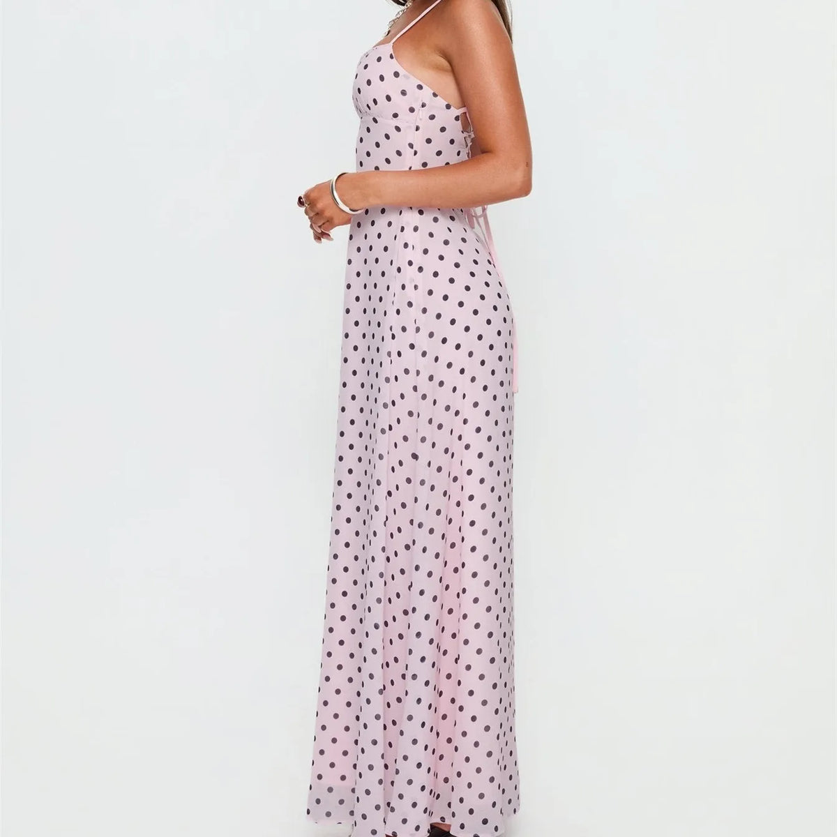 Y2K Polka Dot Print Maxi Dress for Women Spaghetti Strap Lace Up Back A Line Chiffon Long Dress for Elegant Wear