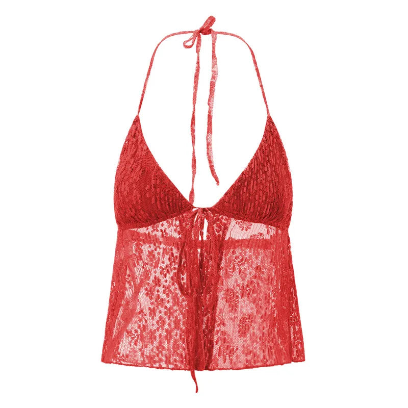 Summer Women Y2K Lace Shirt Sexy Halter Neck Deep V Neck Crop Top Tie Front Sleeveless Strappy Cami Shirt Streetwear
