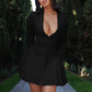 Women's Summer Solid Color Sexy Deep V Mini Dress Single Breasted  Long Sleeves Ruffled Edge Elegant Bodycon Dresses